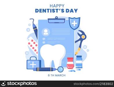 World Dentist Day with Tooth and Dentistry to Prevent Cavities and Healthcare in Flat Cartoon Background Illustration Suitable for Poster or Banner