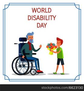 World disability day boy presents bouquet of flowers to his grandfather on wheelchair vector illustration on white background. World Disability Day Boy Presents Bouquet of Flowers