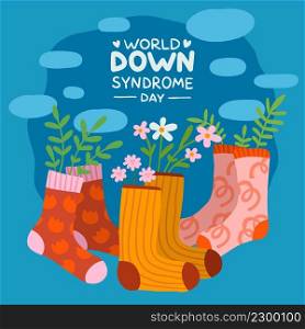 World Down syndrome Day socks poster. Funny colorful patterned knee socking with beautiful flowers. 21 March. Trendy ornaments. Hosiery and plant twigs. Chromosome congenital disease. Vector concept. World Down syndrome Day socks poster. Colorful patterned knee socking with beautiful flowers. 21 March. Trendy ornaments. Hosiery and plants. Chromosome congenital disease. Vector concept