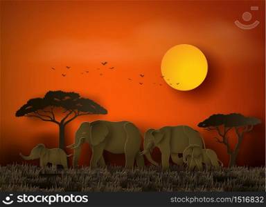 World elephant Day ,family of elephant in the grass with sunset , Paper art and digital craft style.