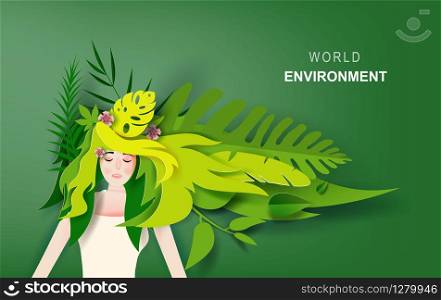 World environment concept of Beautiful lady girl with long hair wear tropical green leaf life nature decoration.portrait of young cute woman with long hair relaxing.Creative paper cut and craft style
