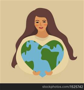 World Environment Day and Earth Day, girl holding a heart shaped planet. Protecting nature ecology concept. Vector illustration.. World Environment Day and Earth Day, girl holding a heart shaped planet. Protecting nature ecology concept. Vector illustration