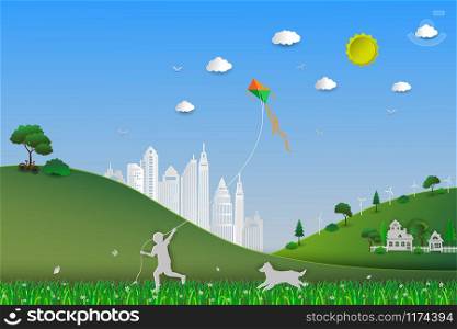 World environment day,concept of eco friendly save the earth and nature,child playing kite in the meadow with dog,paper art style,vector illustration