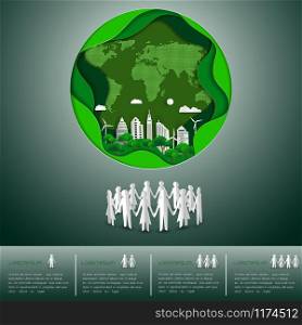 World Environment day concept,paper craft earth map shape with the city on green background,vector illustration