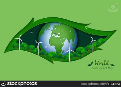 World Environment Day,ecology concept with green earth and energy on paper art scene background,vector illustration