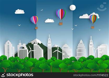World Environment Day,ecology concept with green nature landscape paper art scene background,vector illustration