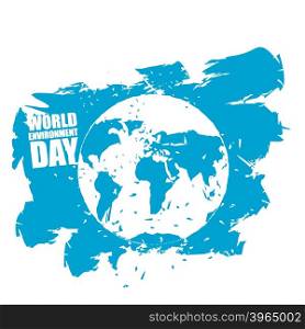 World Environment Day. Emblem of Earth in grunge style. Brush strokes and ink splatter. globe map. international celebration of nature&#xA;