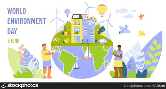World environment day horizontal banner card with images of alternate energy sources with people and text vector illustration. Environment Day Horizontal Banner