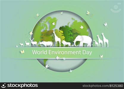 World environment Day, paper cut and origami craft style. Vector illustration world environment wildlife day. Save the planet and world concept, paper illustration, and 3d paper.