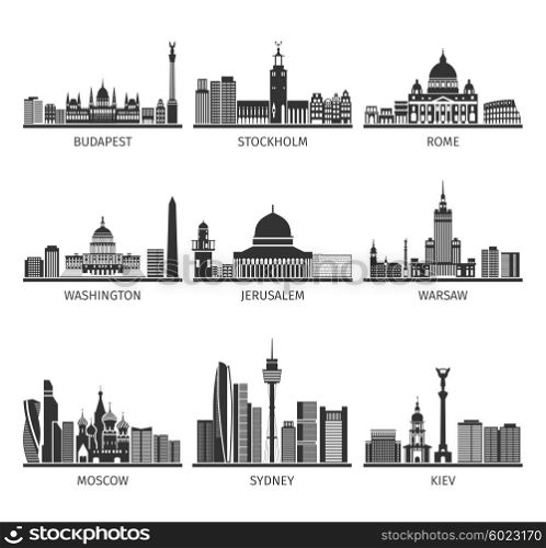 World Famous Cityscapes Black Icons Set. World famous capitals distinctive landscapes architecture sightseeing and landmarks black pictograms set abstract isolated vector illustration