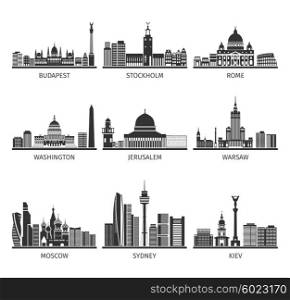 World Famous Cityscapes Black Icons Set. World famous capitals distinctive landscapes architecture sightseeing and landmarks black pictograms set abstract isolated vector illustration