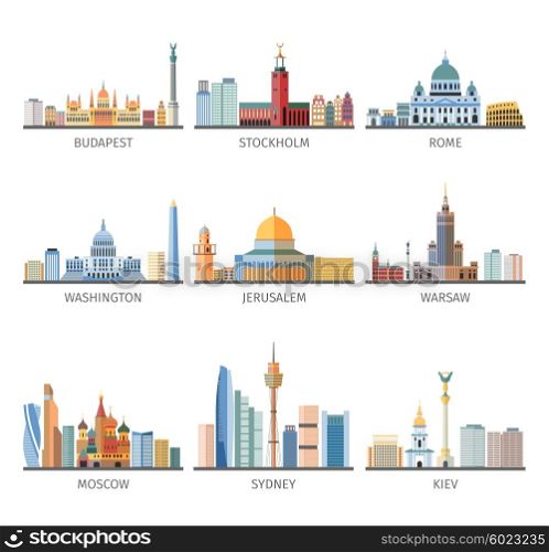 World Famous Cityscapes Flat Icons Collection. World famous capitals historical and modern landscapes and landmarks flat pictograms collection design abstract isolated vector illustration