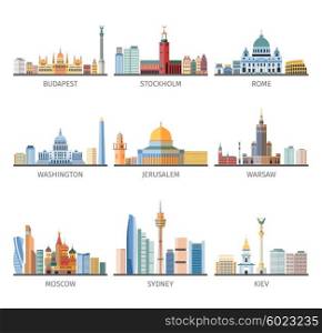 World Famous Cityscapes Flat Icons Collection. World famous capitals historical and modern landscapes and landmarks flat pictograms collection design abstract isolated vector illustration
