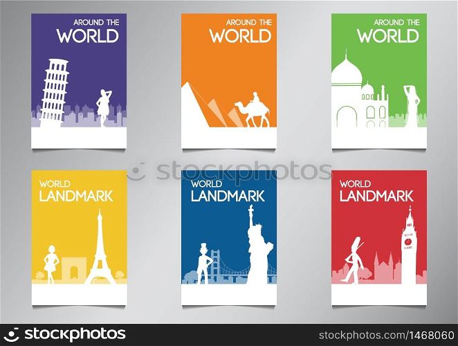world famous landmark and symbol in silhouette style with multi color theme brochure set,vector illustration