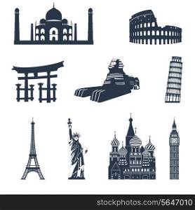 World famous landmarks black icons set of sphinx pisa tower colosseum isolated vector illustration