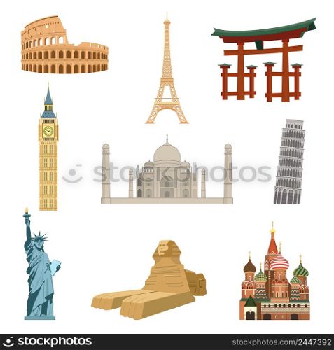 World famous landmarks set of eiffel tower statue of liberty taj mahal isolated vector illustration