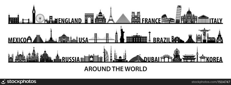 world famous landmarks silhouette style with black and white color design,vector illustration