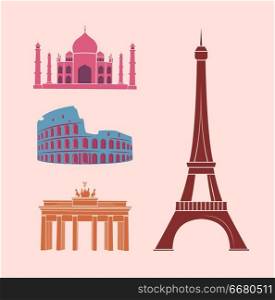 World famous sights and landmarks travel stickers. Indian Taj mahal, Roman Colosseum, German Triumphal arch, Paris Eiffel Tower vector illustrations.. World Famous Sights and Landmarks Travel Stickers