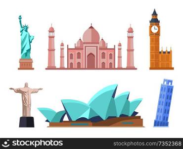 World famous sights of modern or old style. Spectacular statues and gorgeous buildings. Popular touristic attractions isolated vector illustrations.. World Famous Sights of Modern and Old Styles Set