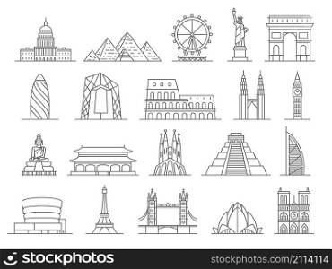 World famous travel landmark, statue of liberty and london bridge. US capitol, buddha, notre dame, big ben and lotus temple line vector set. Illustration of vacation destination for tourism. World famous travel landmark, statue of liberty and london bridge. US capitol, buddha, notre dame, big ben and lotus temple line vector set