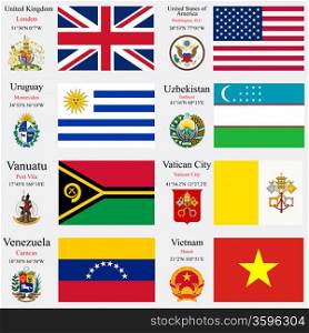 world flags of United Kingdom, United States of America, Uruguay, Uzbekistan, Vanuatu, Vatican City, Venezuela and Vietnam, with capitals, geographic coordinates and coat of arms, vector art illustration