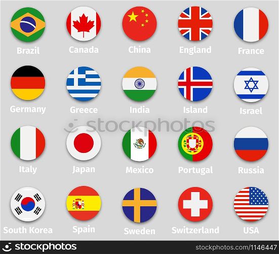 World flags set, round icons with shadow isolated vector illustration. World flags, round icons set