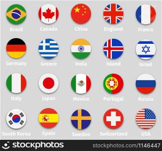World flags set, round icons with shadow isolated vector illustration. World flags, round icons set