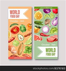 World food day flyer design with avocado, onion, bell pepper watercolor illustration.