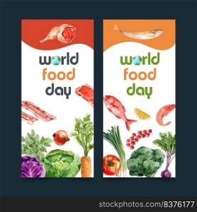 World food day flyer design with broccoli, fish, tomato, carrot watercolor illustration.