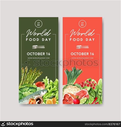 World food day flyer design with cauliflower, bell pepper, asparagus watercolor illustration.