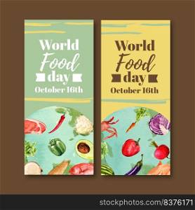 World food day flyer design with cauliflower, cabbage, bell pepper watercolor illustration.