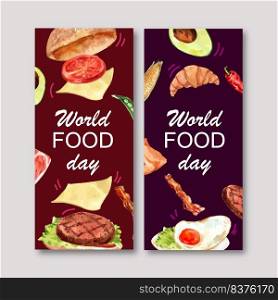 World food day flyer design with hamburger, fried egg watercolor illustration.