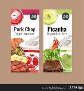 World food day flyer design with pork shop, picanha steak and salad watercolor illustration.