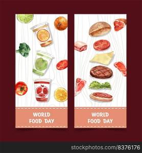 World food day flyer design with pumpkin, broccoli, hamburger watercolor isolated illustration.