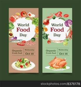 World food day flyer design with roasted chicken, salad, tomato, fish watercolor illustration.