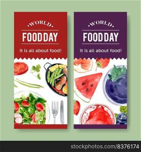 World food day flyer design with salad and fruit dressing watercolor illustration.