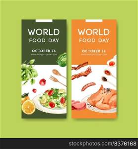 World food day flyer design with salad, bacon, roasted chicken watercolor illustration.