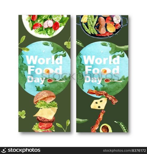 World food day flyer design with salad, hamburger, bacon, cheese watercolor illustration.