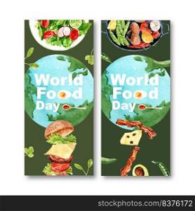 World food day flyer design with salad, hamburger, bacon, cheese watercolor illustration.