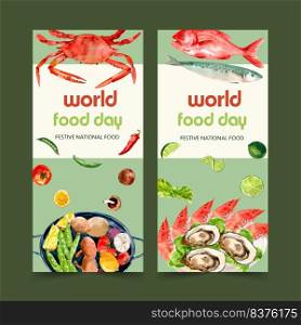 World food day flyer design with salad, seafood watercolor illustration.