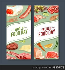 World food day flyer design with sausage, fried egg, carrot, beef steak watercolor illustration.