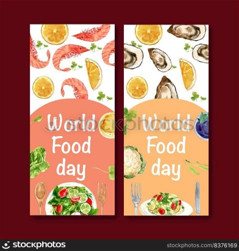 World food day flyer design with shrimp, clam, orange, salad watercolor illustration.