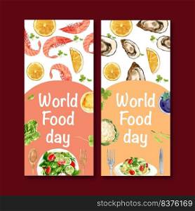 World food day flyer design with shrimp, clam, orange, salad watercolor illustration.