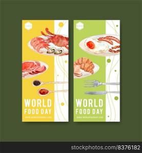 World food day flyer design with shrimp, crab, sausage, fried egg watercolor illustration.