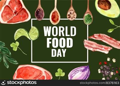 World food day Frame design with avocado, lotus root, meat, onion, bacon, watercolor illustration.  