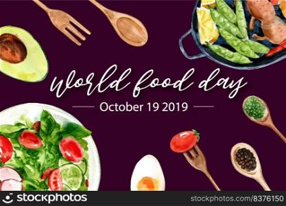 World food day Frame design with Avocado, spoon, fork, salad  watercolor illustration.  