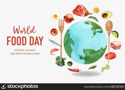 World food day Frame design with avocado, tomato, onion, broccoli, fish, watercolor illustration.  
