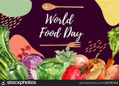 World food day Frame design with bell pepper, cabbage, onion watercolor illustration.  