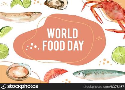 World food day Frame design with Capelin, oyster, crab, shrimp watercolor illustration.  