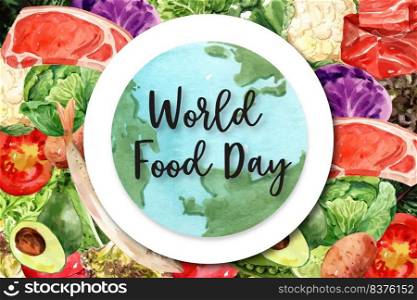 World food day Frame design with Capelin, pock, tomato, avocado watercolor illustration.  